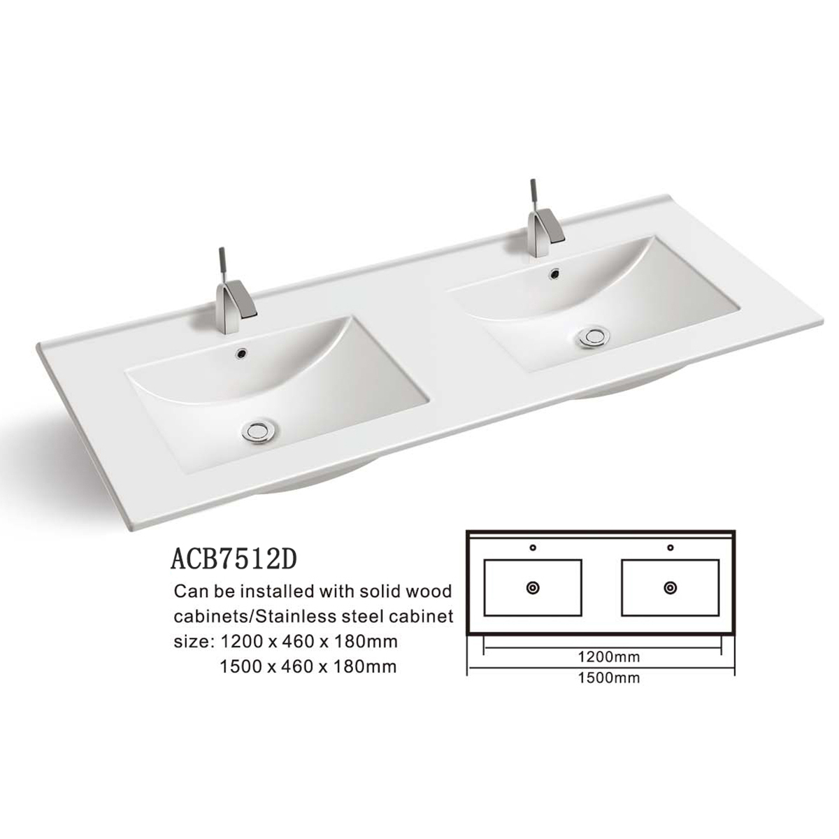Aquacubic Drop-in-Doppelwaschbecken, quadratisches Badezimmer-Aufsatzwaschbecken aus Keramik