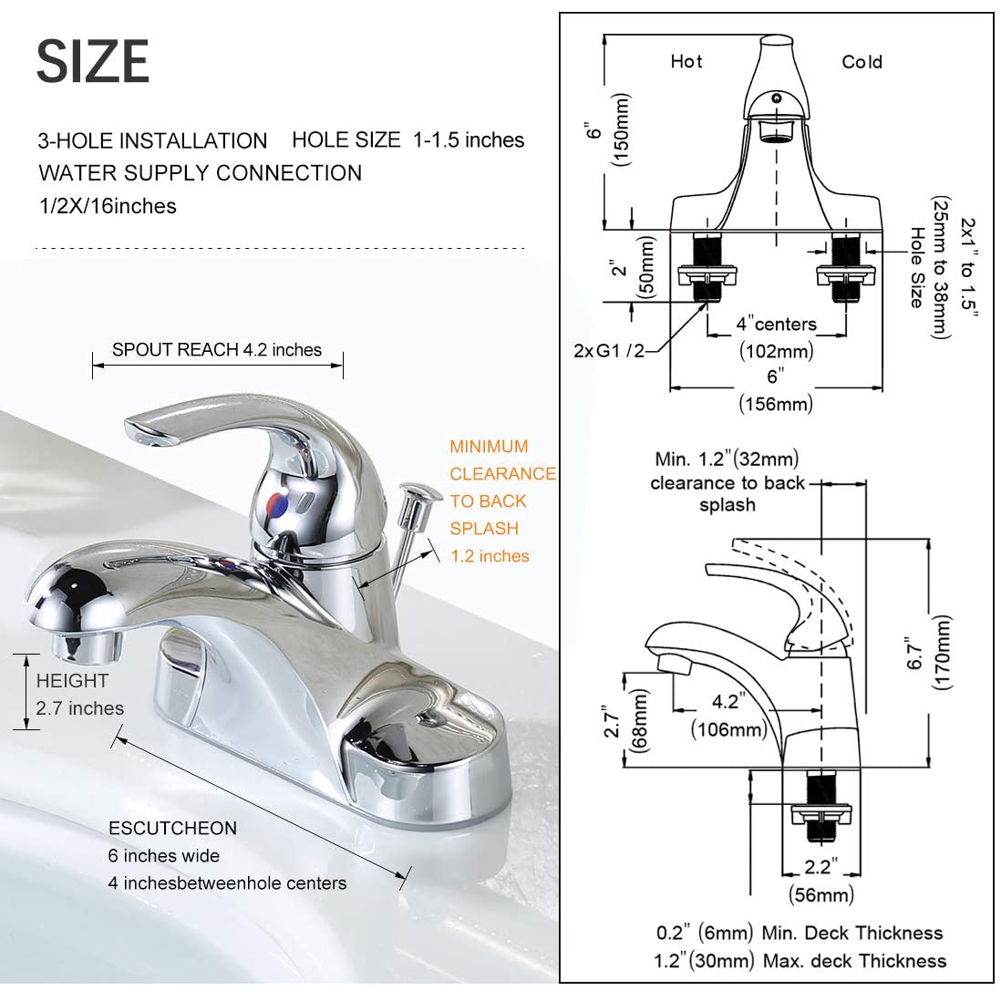 Kommerzieller Badezimmer-Wasserhahn mit einem Griff, verchromt, bleifrei, 4-Zoll-Centerset-Badezimmer-Waschtischarmaturen