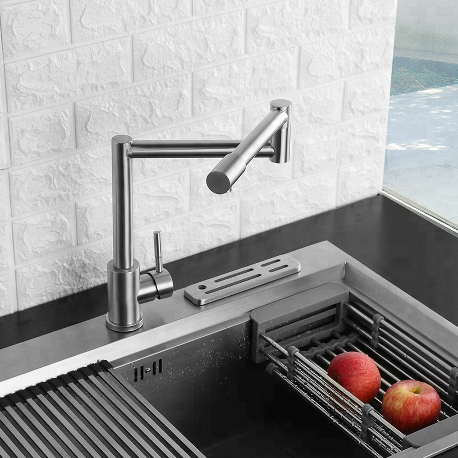 Aquacubic Topffüller-Wasserhahn, gebürstetes Nickel-Finish und Design mit zwei Schwenkgelenken, zusammenklappbarer Küchenarmatur für Deckmontage