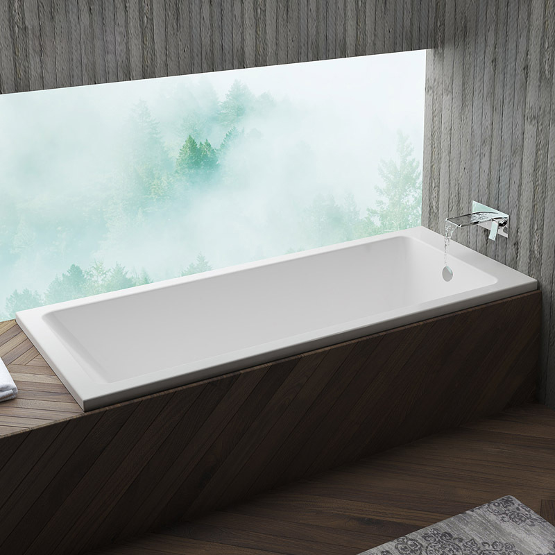 Hochwertige, schlichte, rechteckige Badewanne mit Abfluss aus Acryl in der Mitte, aus massivem Acryl