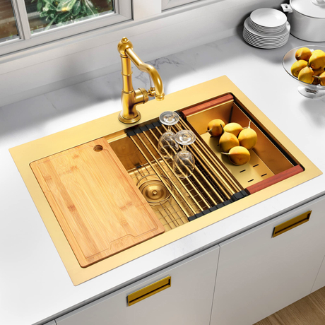 Aquacubic PVD Nano Golden 304 Edelstahl handgefertigte Drop-in-Workstation-Küchenspüle