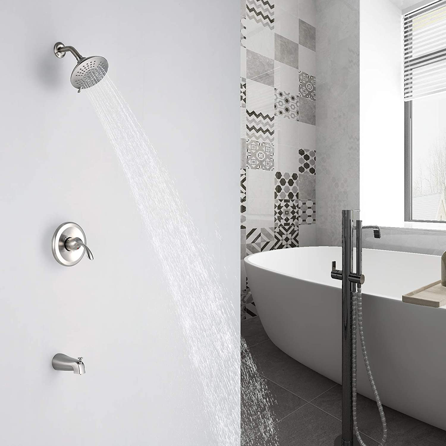 Aquacubic Duschsystem, wandmontiertes Badewannen- und Duscharmaturen-Set mit Druckknopf-Umsteller