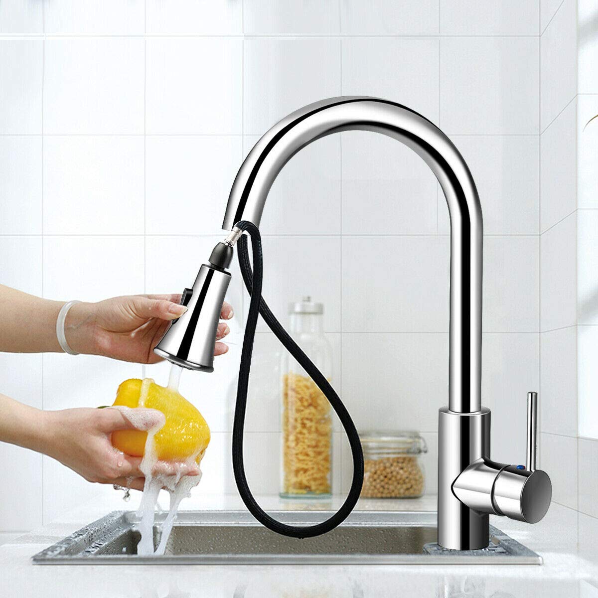 360 Rotation Zinklegierung Einloch gebürstet Pull Down Kitchen Sink Wasserhahn / Wasserhahn
