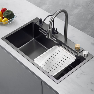 Nano Step Küchenspüle, 304 Edelstahl, handgefertigt, oberhalb der Halterung, Wasserfall-Wasserhahn, Bauernhaus-Küche, schwarze Waschbecken