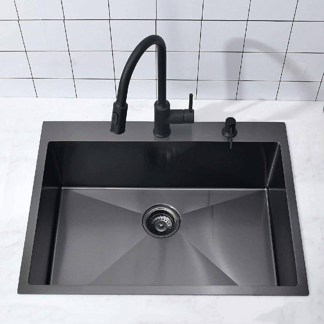 30' ×22' Einzelbecken-Drop-In-Edelstahl-Topmount-Küchenspüle in Mattschwarz
