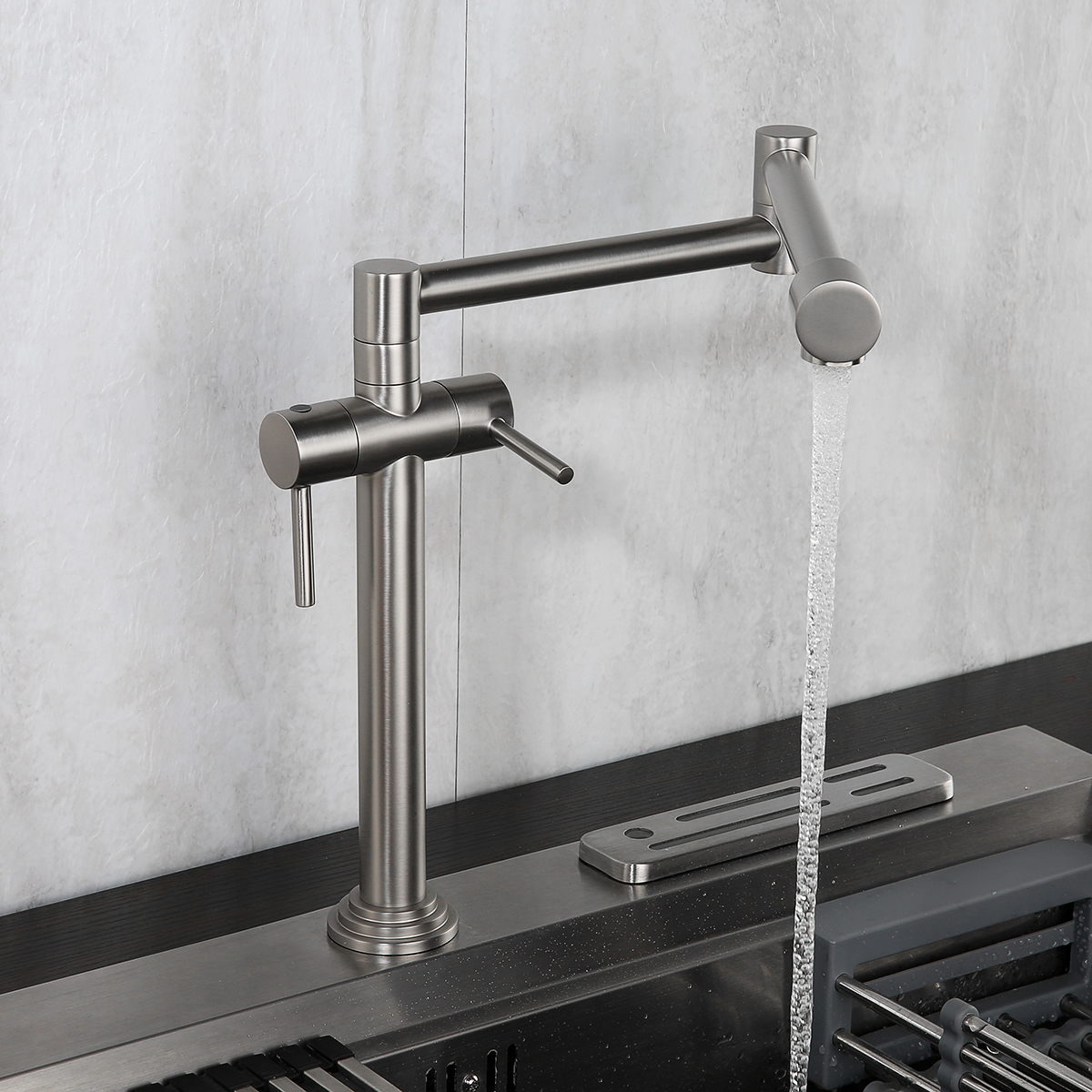 Gebürstetes Nickel Deck Mount Pot Filler Wasserhahn Heiß- und Kaltwasser Doppelgriff Arbeitsplatte Doppelgelenke 360 ​​° drehbarer einziehbarer gewerblicher Küchenspülenhahn Edelstahl