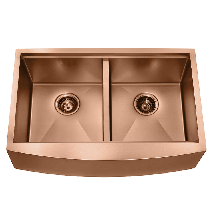 Rotgold-Edelstahl-Doppelschüssel, handgefertigte Bauernhaus-Küchenspüle mit Leiste