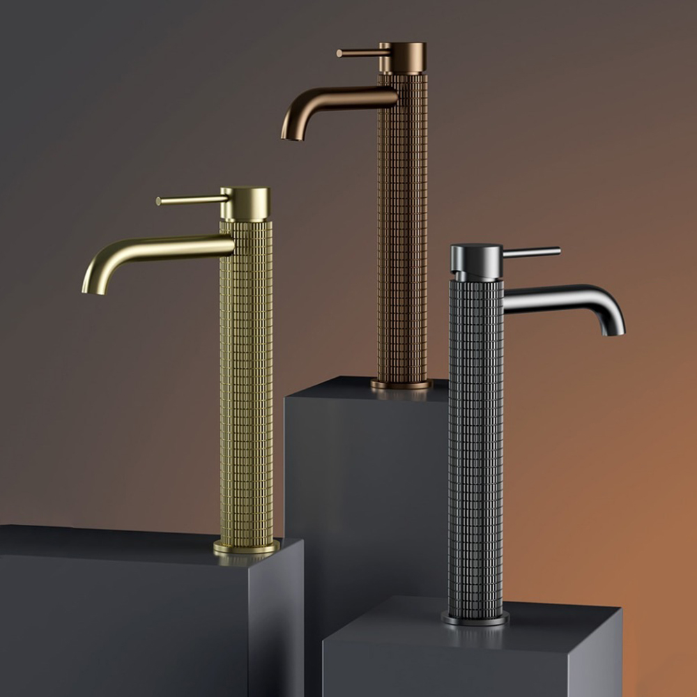 Rändel-Design, hoher Waschbecken-Wasserhahn, italienisches Design, Badezimmer-Wasserhahn, heißes, kaltes Wasser, Gunmetal-graue Farbe, Waschbecken-Wasserhahn aus Messing