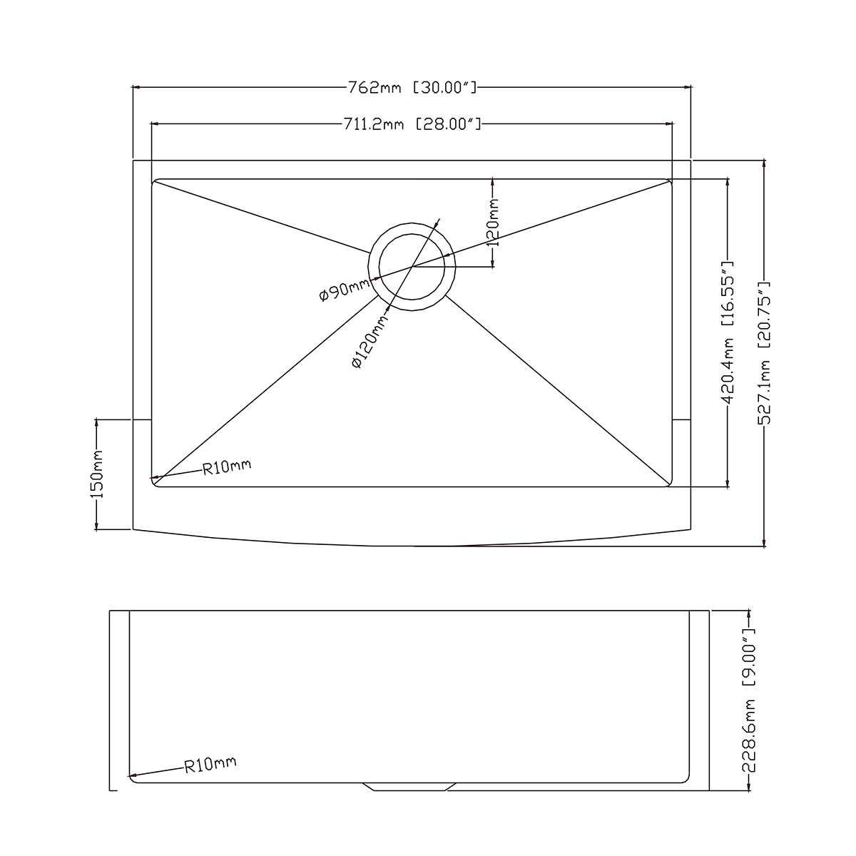 Edelstahl handgefertigte Bauernhausschürze Front UPC Deep Kitchen Sink