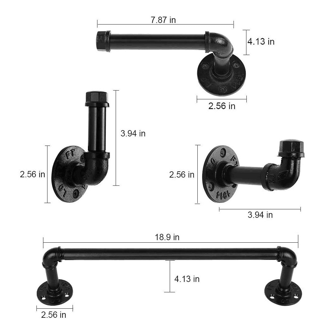 Modernes, schickes, galvanisiertes, schwarzes Industrie-Rohr-Badezimmer-Hardware-Befestigungsset von Pipe Decor, 4-teiliges Set