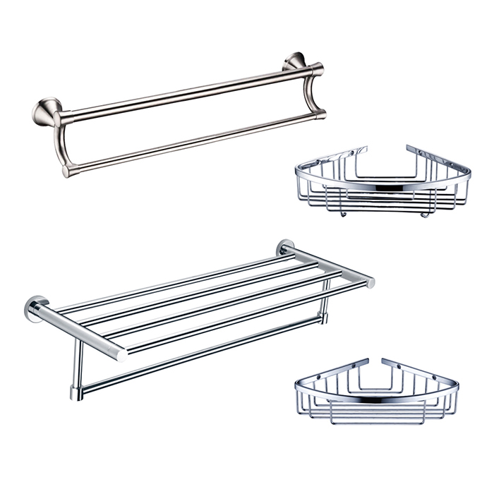 Fünf Badezimmer-Accessoires-Produkte machen das Badezimmer sauber und aufgeräumt.