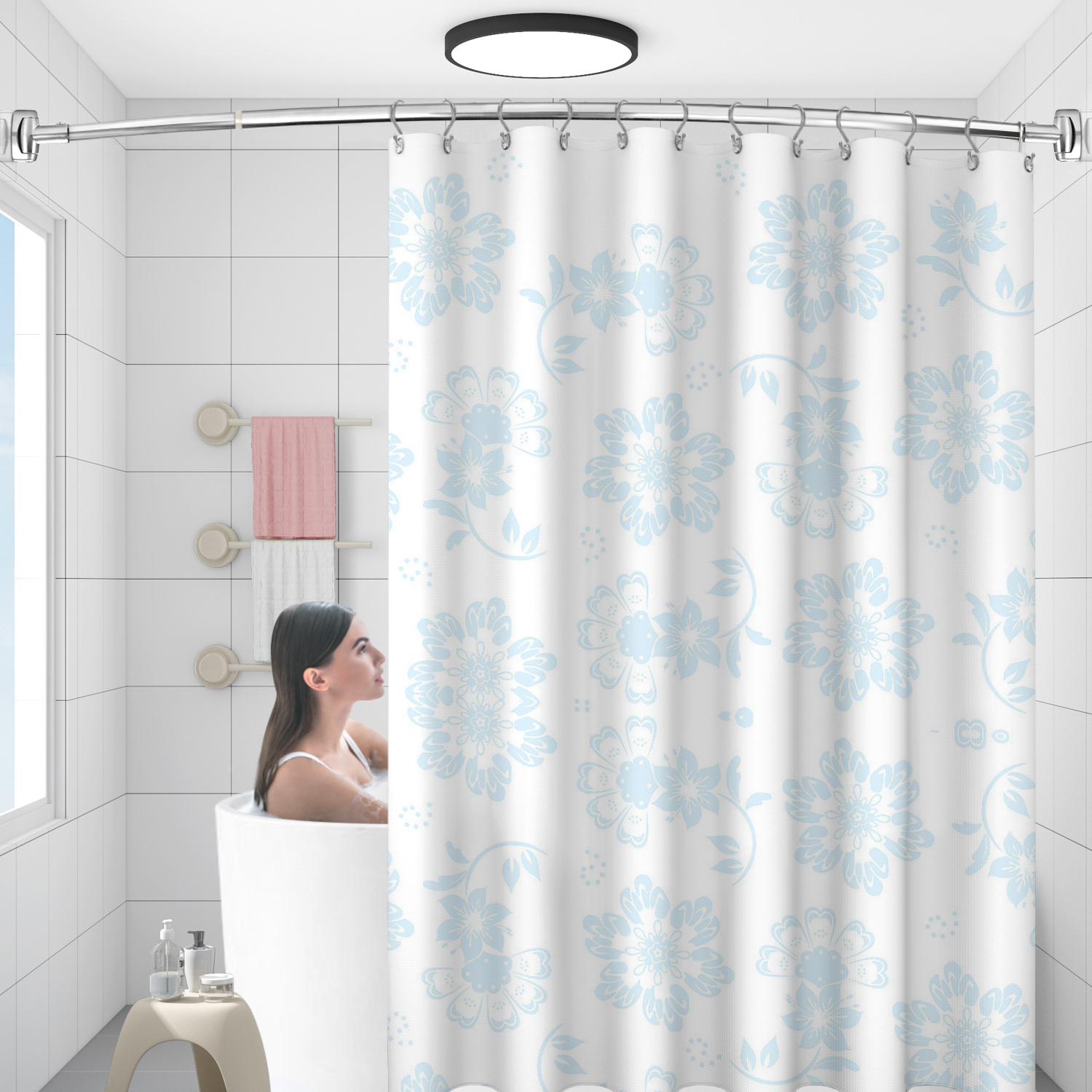 Exquisite verchromte, verstellbare, abgerundete, gebogene Duschstangen aus Edelstahl, maßgeschneidert für die Badewanne