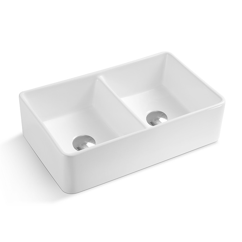 32-Zoll-Doppelwaschbecken aus weißer Schamotte, umkehrbar, Küchenspüle