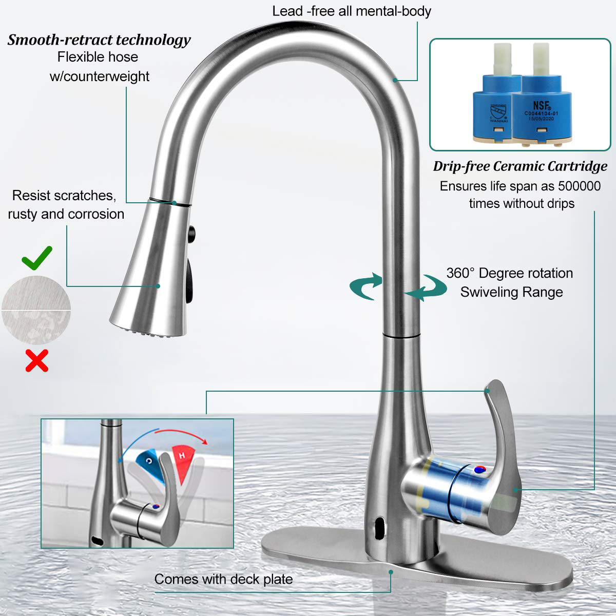 Aquacubic cUPC Sanitary Moderner automatischer Sensor-Auszieh-Küchenarmatur