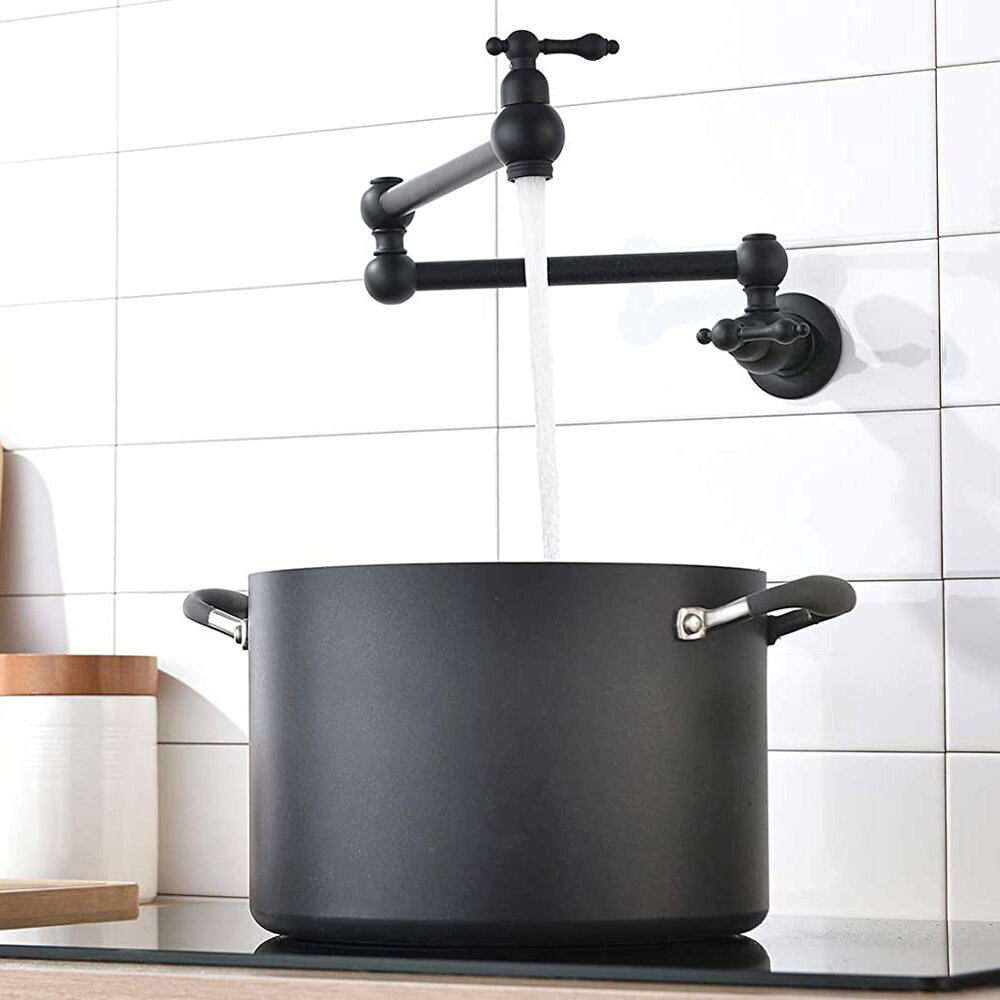 Aquacubic Black Pot Filler Wasserhahn Wandhalterung, Doppelschwenkgelenke und 24-Zoll-Verlängerung