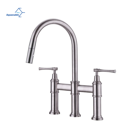 Aquacubic gebürstetes Nickel, herunterziehbarer wirtschaftlicher Messing-Massivwaschbecken-Wasserhahn, Brückenhahn
