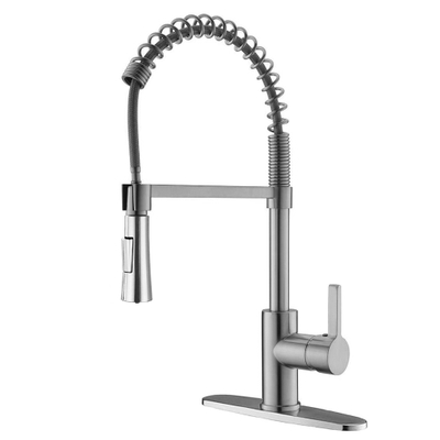 Aquacubic cUPC Einhand-Einloch-Wasserhahn/Wasserhahn aus gebürstetem Nickel mit herausziehbarer Feder für Küchenspüle