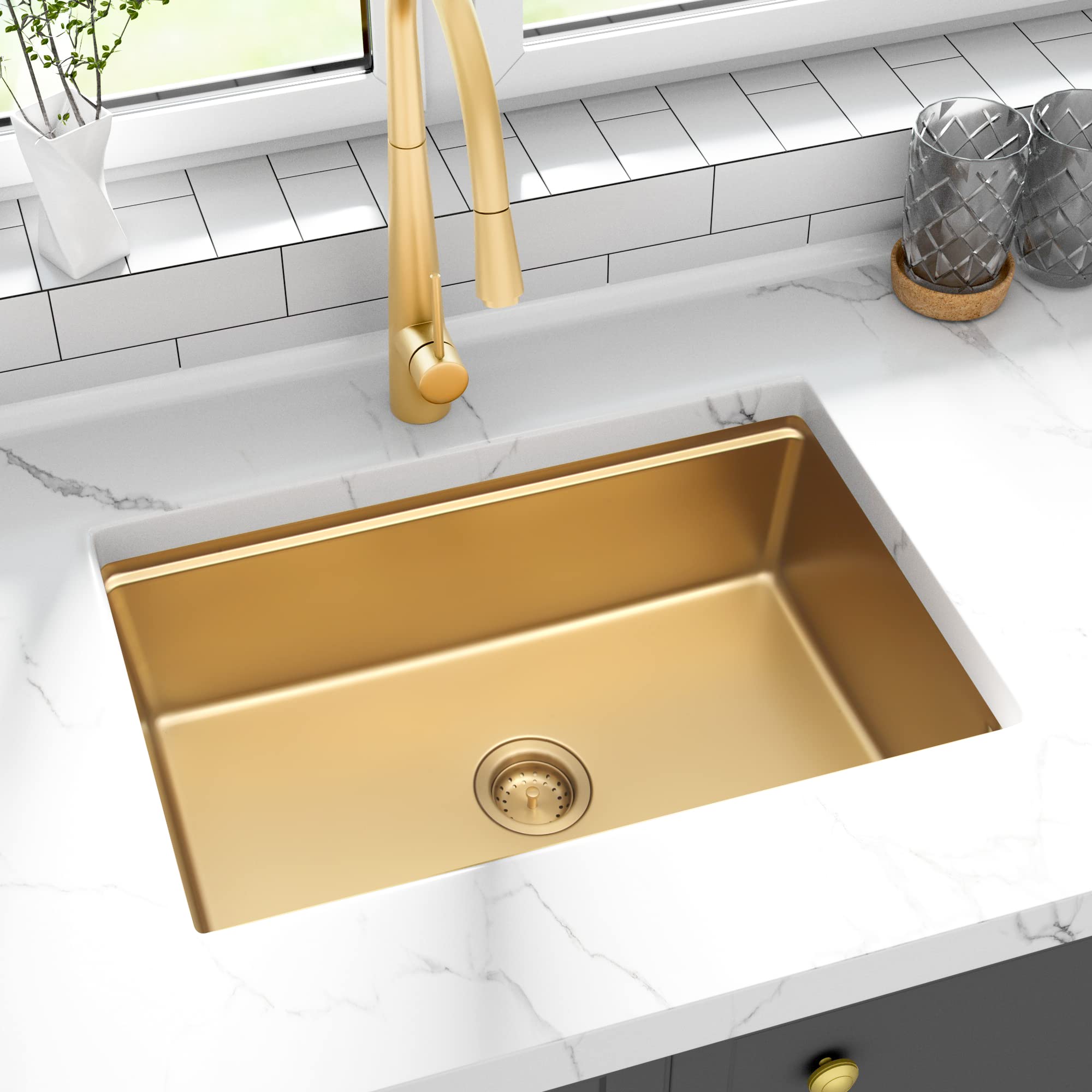 Aquacubic cUPC PVD Nano Luxury Golden 304 Edelstahl Single Bowl Undermount Handmade Kitchen Sink with Ledge